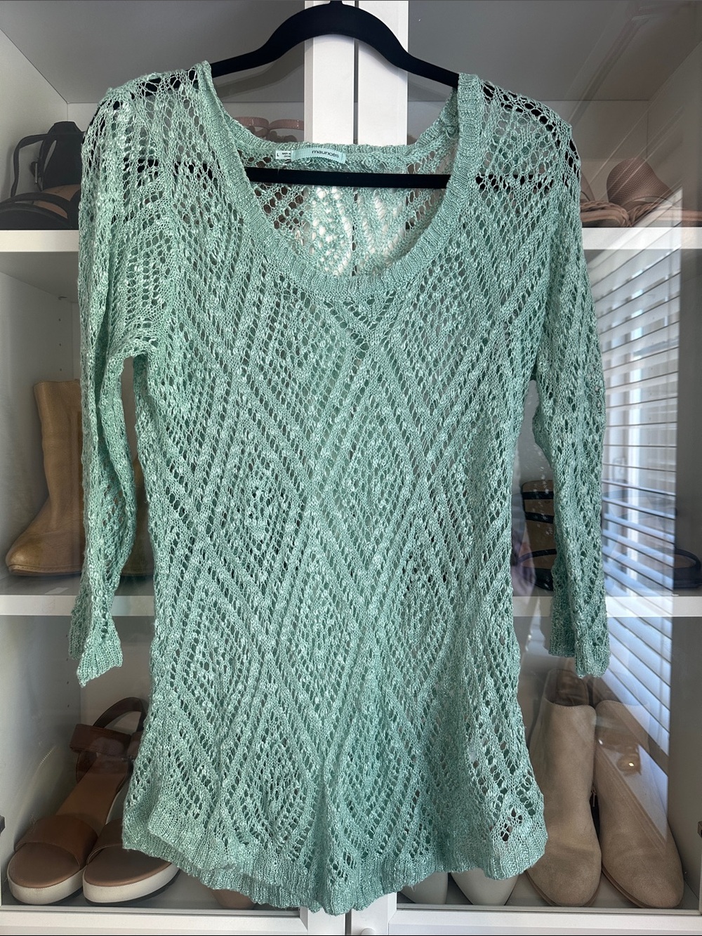 Maurice’s Large Mint Open-Knit Scoop Neck 3/4 Sleeve Sweater